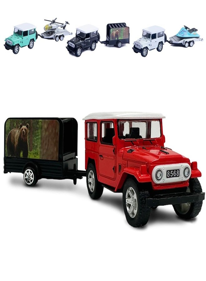 ويمبلي سيارة لعبة ويمبلي لاند كروزر مصبوبة مع مقطورة للأطفال من الجنسين، مجموعة لعب سيارة صغيرة تعمل بالسحب للخلف مع ناقلة نقل متعددة الاستخدامات عشوائية - مجموعة من قطعتين - Image 1